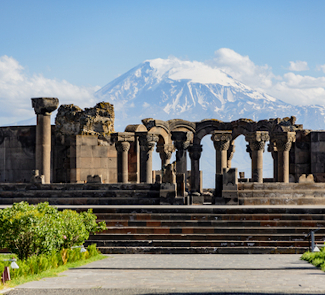 Ruins of the Zvartnos temple in Yerevan, Armenia, with Mt Ararat in the background
